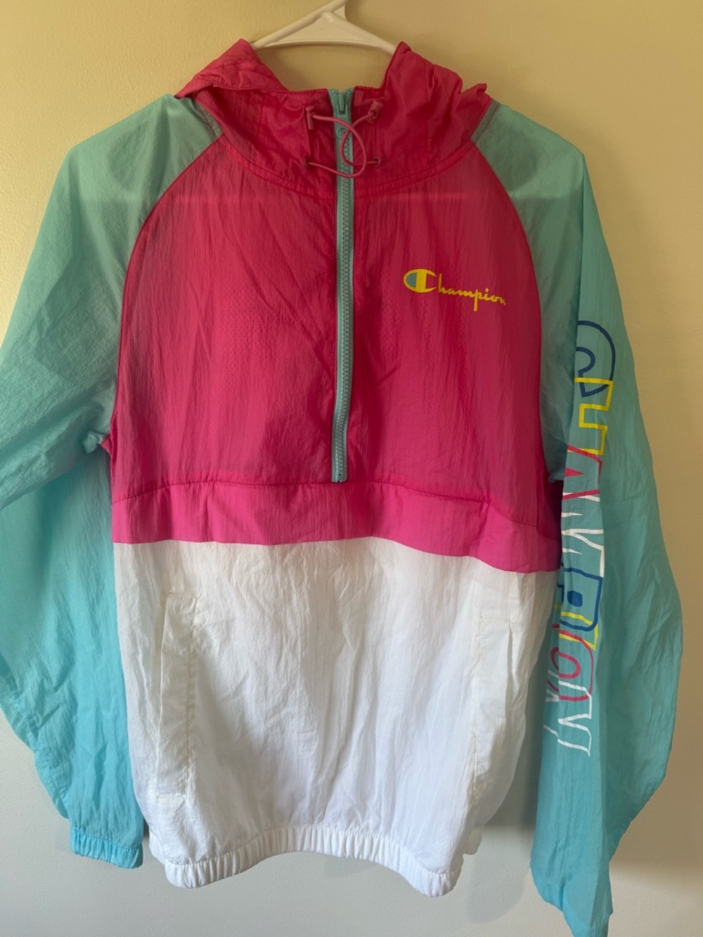 Champion Colorblock Hooded Windbreaker Jacket Small Pink Blue White Retro Gorp